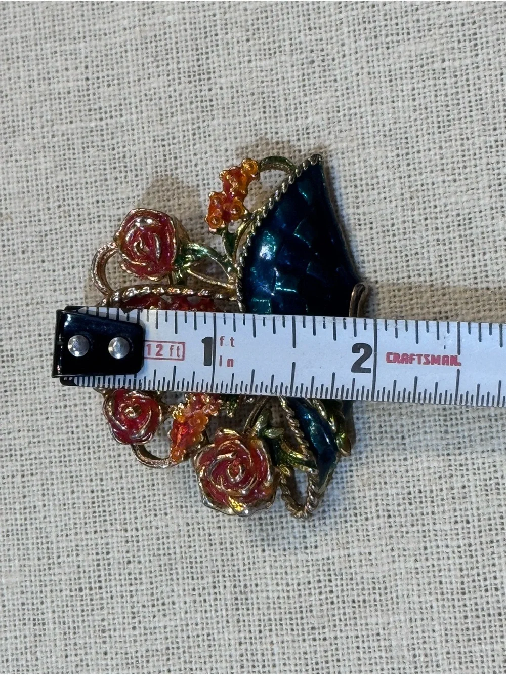 Vintage Blue Enamel Floral Basket Brooch Red Roses Flowers Gold Tone Pin